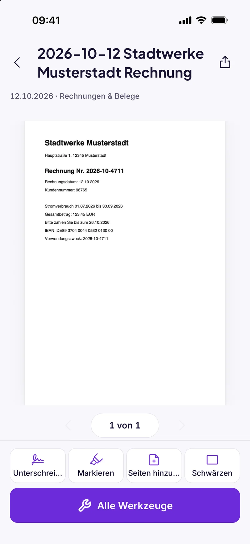An open utility invoice with the tool bar