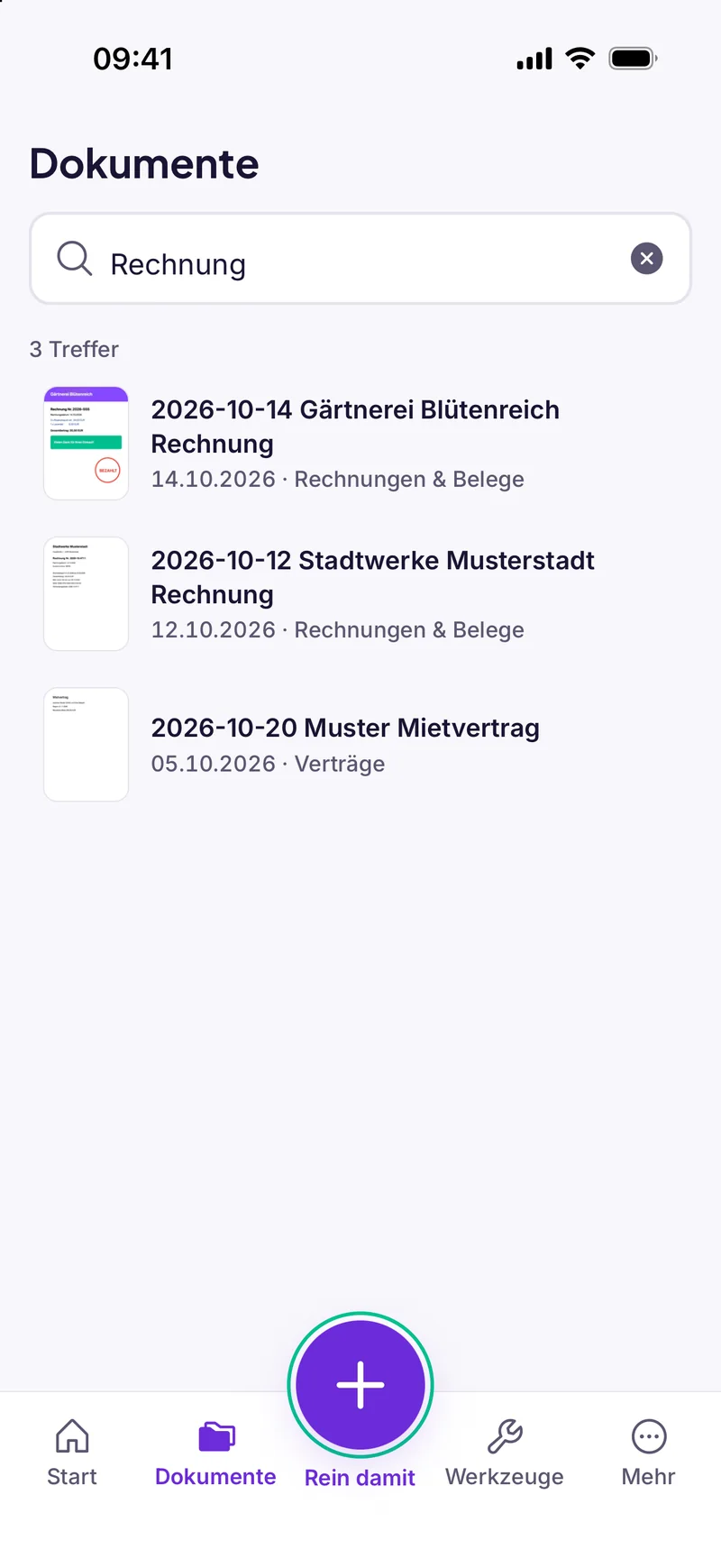 Searching for “Rechnung” (invoice) with three results